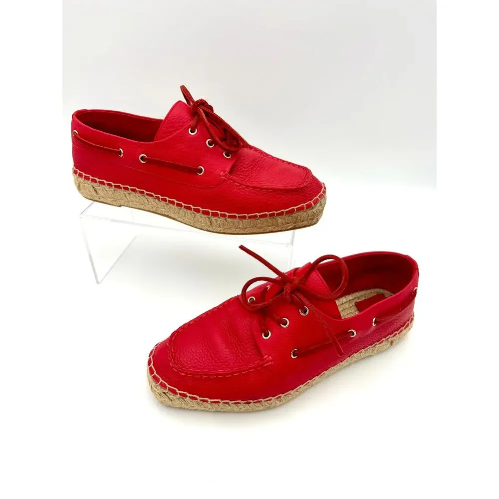 Tory Burch Skipper Boat Shoes Espadrilles Red Leather Size 9.5 Flatforms Flats
